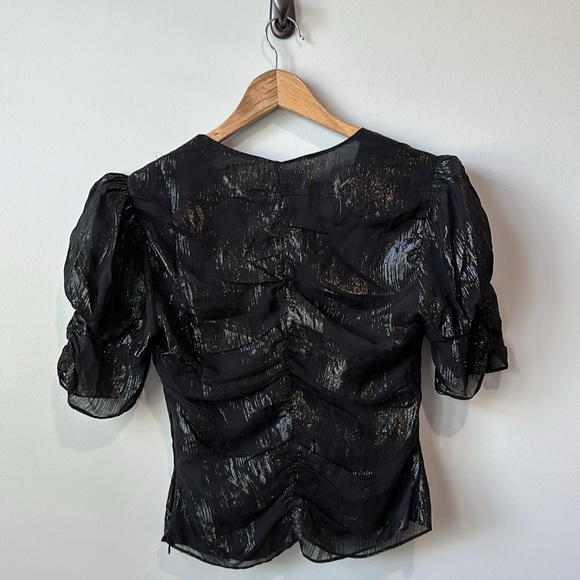 FRAME Sparkly Black Puff Sleeve Ruched Keyhole Metallic V Neck Silk Blend Top S - Picture 11 of 12